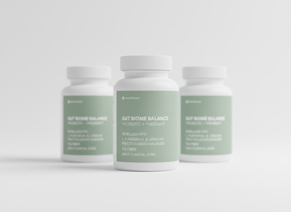 A set of three minimalist supplement bottles designed for gut health, arranged in a precise row on a seamless white backdrop. Each bottle is matte white with subtle sage green labeling, clear typography listing clinical dosage and active ingredients in small scientific-style print. The central bottle is slightly larger and positioned closer to the camera, in sharp focus, while the side bottles gradually blur, creating a shallow depth of field. Soft, diffused studio lighting from both sides avoids harsh reflections and produces gentle gradients on the cylindrical surfaces. A faint, soft shadow anchors the bottles to the surface. The overall mood is highly professional, evidence-based, and transparent, evoking pharmaceutical-level trust with a premium, clean, photographic aesthetic.