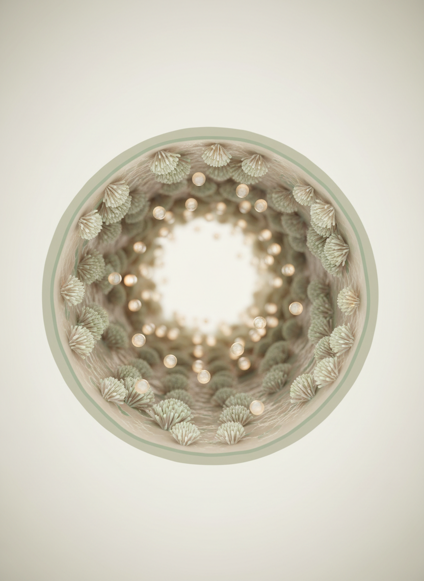 A cross-section artistic visualization of a healthy human gut represented as a smooth, gently curved tunnel of pale neutral tones with subtle sage green highlights, lined with orderly, intact villi textures resembling soft coral. Tiny, softly glowing orbs symbolizing beneficial bacteria float harmoniously along the surface, each with a faint halo suggesting activity. The background fades into a creamy white gradient, emphasizing cleanliness and clarity. Illuminated with soft, diffused studio lighting that adds dimension without harsh contrasts. Captured in a centered, eye-level composition with shallow depth of field, the nearest structures in crisp photographic detail and the distant area softly blurred. The mood is clinical yet reassuring, evoking scientific precision and a sense of inner balance.