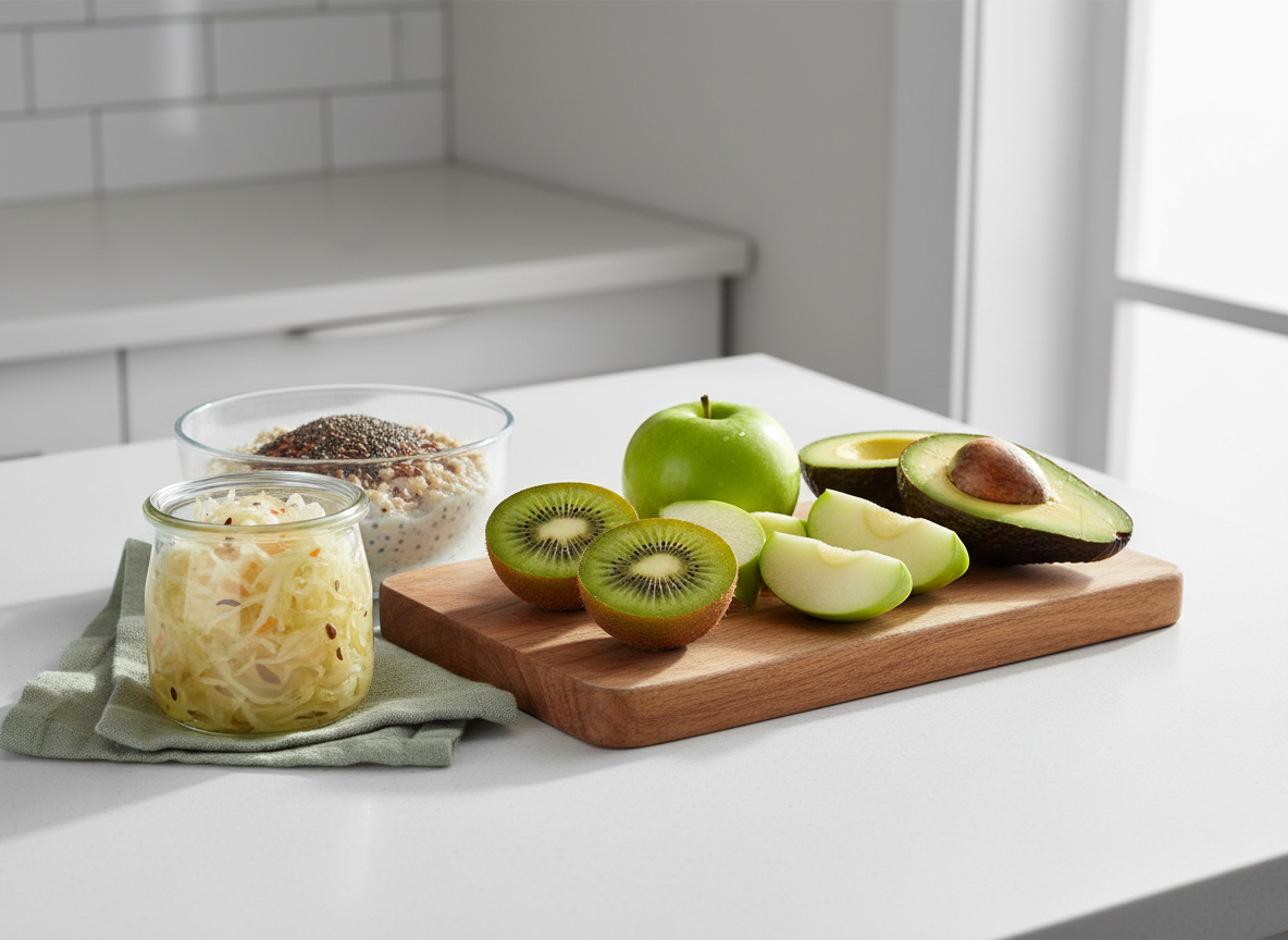 An orderly, premium-looking kitchen counter scene featuring carefully chosen gut-friendly foods on a matte white surface. A wooden cutting board holds sliced kiwi, green apple, and a halved avocado, each rendered in vivid, realistic texture. Nearby, a small glass jar of homemade sauerkraut with visible cabbage strands and seeds, and a clear bowl of cooked oats topped with chia and flax seeds. A folded sage green linen cloth adds a soft accent. Soft morning daylight from a large unseen window to the right casts delicate highlights on the fresh produce and gentle shadows behind each object. Photographic realism, shot at a slightly elevated three-quarter angle, with a calm, balanced composition that feels clean, scientific, and quietly luxurious.